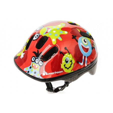 Kask dziecięcy rowerowy METEOR MV6-2 XS 44-48cm MONSTERS/ czerwony w kolorowe postaci